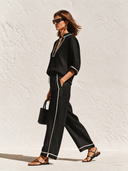 Women's French-style Relaxed V-neck Color-blocked Trim Blouse And Wide-leg Trousers Two-piece Set ZMZ2523H9XT