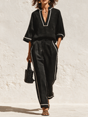 Women's French-style Relaxed V-neck Color-blocked Trim Blouse And Wide-leg Trousers Two-piece Set ZMZ2523H9XT