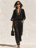 Women's French-style Relaxed V-neck Color-blocked Trim Blouse And Wide-leg Trousers Two-piece Set ZMZ2523H9XT