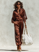 Women's Casual Sporty Satin Patchwork Sequin Zipper Two-Piece Set ZMZ2558H1XT