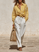 Women's yellow striped shirt and white trousers two-piece set ZMZ2522H7XT