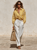 Women's yellow striped shirt and white trousers two-piece set ZMZ2522H7XT