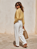 Women's yellow striped shirt and white trousers two-piece set ZMZ2522H7XT
