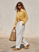 Women's yellow striped shirt and white trousers two-piece set ZMZ2522H7XT