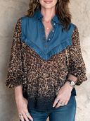 Women's Retro Casual Denim Patchwork Leopard Print Pullover Long-Sleeve Shirt ZMZ2716H4ZJY