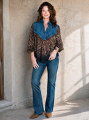 Women's Retro Casual Denim Patchwork Leopard Print Pullover Long-Sleeve Shirt ZMZ2716H4ZJY