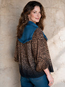 Women's Retro Casual Denim Patchwork Leopard Print Pullover Long-Sleeve Shirt ZMZ2716H4ZJY