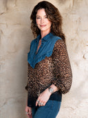 Women's Retro Casual Denim Patchwork Leopard Print Pullover Long-Sleeve Shirt ZMZ2716H4ZJY