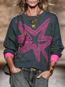 Women's Casual Street Style Star Jacquard Color-blocked Crew Neck Sweater ZMZ2580H3XT