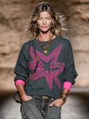 Women's Casual Street Style Star Jacquard Color-blocked Crew Neck Sweater ZMZ2580H3XT