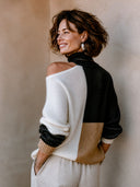 Women's Fashion Off-Shoulder Color-Blocked Turtleneck Knit Sweater ZMZ2777H1SWL
