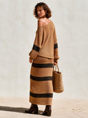 Women's Stylish Camel Knit Set: Long-Sleeve One-Shoulder Top And Skirt ZMZ2715H2SWL