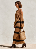 Women's Stylish Camel Knit Set: Long-Sleeve One-Shoulder Top And Skirt ZMZ2715H2SWL