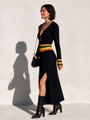Women's Fashion Color-Block Long-Sleeve Knit Dress With Zipper Collar And Side Slit ZMZ2714H0SWL