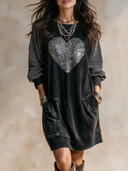 Women's Retro Casual Washed Cotton Heart Sequin Sweatshirt Pullover Long Sleeve Mini Dress ZMZ2730H1ZJY