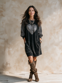 Women's Retro Casual Washed Cotton Heart Sequin Sweatshirt Pullover Long Sleeve Mini Dress ZMZ2730H1ZJY