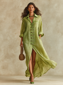 Women's Resort Style Pleated Long-Sleeved Buttoned Maxi Dress ZMZ2741H3XT