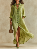 Women's Resort Style Pleated Long-Sleeved Buttoned Maxi Dress ZMZ2741H3XT
