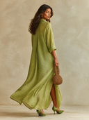Women's Resort Style Pleated Long-Sleeved Buttoned Maxi Dress ZMZ2741H3XT