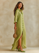 Women's Resort Style Pleated Long-Sleeved Buttoned Maxi Dress ZMZ2741H3XT