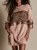 Women's Retro Casual Knitted Leopard Print Sequined Crew Neck Pullover Sweater Mini Dress ZMZ2886H5ZJY