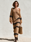 Women's Stylish Camel Knit Set: Long-Sleeve One-Shoulder Top And Skirt ZMZ2715H2SWL