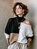 Women's Fashion Off-Shoulder Color-Blocked Turtleneck Knit Sweater ZMZ2777H1SWL