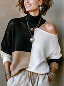 Women's Fashion Off-Shoulder Color-Blocked Turtleneck Knit Sweater ZMZ2777H1SWL