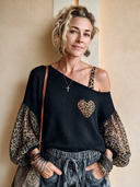 Women's Fashion Long-Sleeve Top: Waffle-Texture Panel & Leopard-Print Chiffon ZMZ2816H8SWL