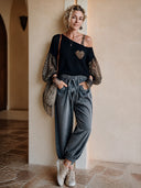 Women's Fashion Long-Sleeve Top: Waffle-Texture Panel & Leopard-Print Chiffon ZMZ2816H8SWL