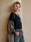 Women's Fashion Long-Sleeve Top: Waffle-Texture Panel & Leopard-Print Chiffon ZMZ2816H8SWL