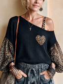 Women's Fashion Long-Sleeve Top: Waffle-Texture Panel & Leopard-Print Chiffon ZMZ2816H8SWL