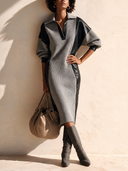 Women's Fashion V-Neck Long-Sleeve Midi Dress With Waffle-Texture And Faux Leather Paneling ZMZ2809H0SWL