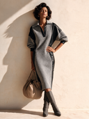 Women's Fashion V-Neck Long-Sleeve Midi Dress With Waffle-Texture And Faux Leather Paneling ZMZ2809H0SWL