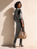 Women's Fashion V-Neck Long-Sleeve Midi Dress With Waffle-Texture And Faux Leather Paneling ZMZ2809H0SWL