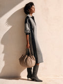 Women's Fashion V-Neck Long-Sleeve Midi Dress With Waffle-Texture And Faux Leather Paneling ZMZ2809H0SWL