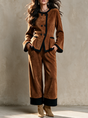 Women's Retro Casual Faux Suede Color-Block Jacket And Pants Set ZMZ2854H2ZJY