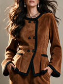 Women's Retro Casual Faux Suede Color-Block Jacket And Pants Set ZMZ2854H2ZJY