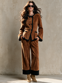 Women's Retro Casual Faux Suede Color-Block Jacket And Pants Set ZMZ2854H2ZJY