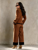 Women's Retro Casual Faux Suede Color-Block Jacket And Pants Set ZMZ2854H2ZJY