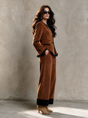 Women's Retro Casual Faux Suede Color-Block Jacket And Pants Set ZMZ2854H2ZJY