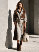 Women's Stylish Cotton And Faux Suede Panel Long-Sleeve Midi Dress (Belt Included) ZMZ2809H1SWL