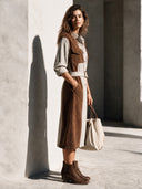 Women's Stylish Cotton And Faux Suede Panel Long-Sleeve Midi Dress (Belt Included) ZMZ2809H1SWL