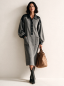 Women's Autumn/Winter Color-Block Grey Tweed Long-Sleeve Midi Dress ZMZ2833H6SWL