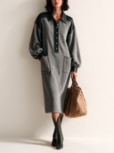 Women's Autumn/Winter Color-Block Grey Tweed Long-Sleeve Midi Dress ZMZ2833H6SWL