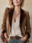 Women's Classic Brown Corduroy Blazer With Contrast Collar And Two-Button Closure ZMZ2835H9SWL