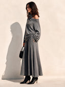 Women's Stylish Grey Knit Blend Set: Embroidered One-Shoulder Top And Skirt ZMZ2865H6SWL