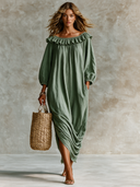 Women's Cotton Linen Off-shoulder Ruffled Collar Long-sleeved Loose-fitting Maxi Dress ZMZ2887H0XT