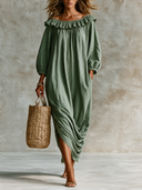 Women's Cotton Linen Off-shoulder Ruffled Collar Long-sleeved Loose-fitting Maxi Dress ZMZ2887H0XT