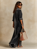Women's French-style Solid Color Lapel Velvet Maxi Dress ZMZ2846H3XT